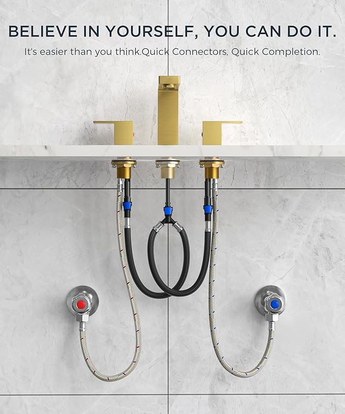 QFN Lead-Free Gold Bathroom Faucet 3 Hole, Square Bathroom Sink Faucet 8 Inch Widespread, 2 Handle for 6"-12" Vanity Sink with Metal Pop Up Drain and 24" cUPC Supply Hoses