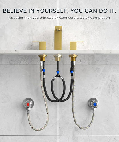 QFN Lead-Free Gold Bathroom Faucet 3 Hole, Square Bathroom Sink Faucet 8 Inch Widespread, 2 Handle for 6"-12" Vanity Sink with Metal Pop Up Drain and 24" cUPC Supply Hoses