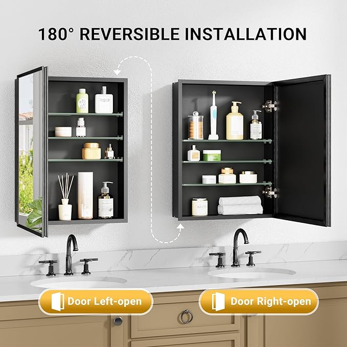 30x26 Pre-Assembled Black Medicine Cabinet with Mirror, Surface or Recessed Medicine Cabinet Mirror for Bathroom, Aluminum Beveled Frame Bathroom Vanity Mirror with Adjustable Shelves Storage