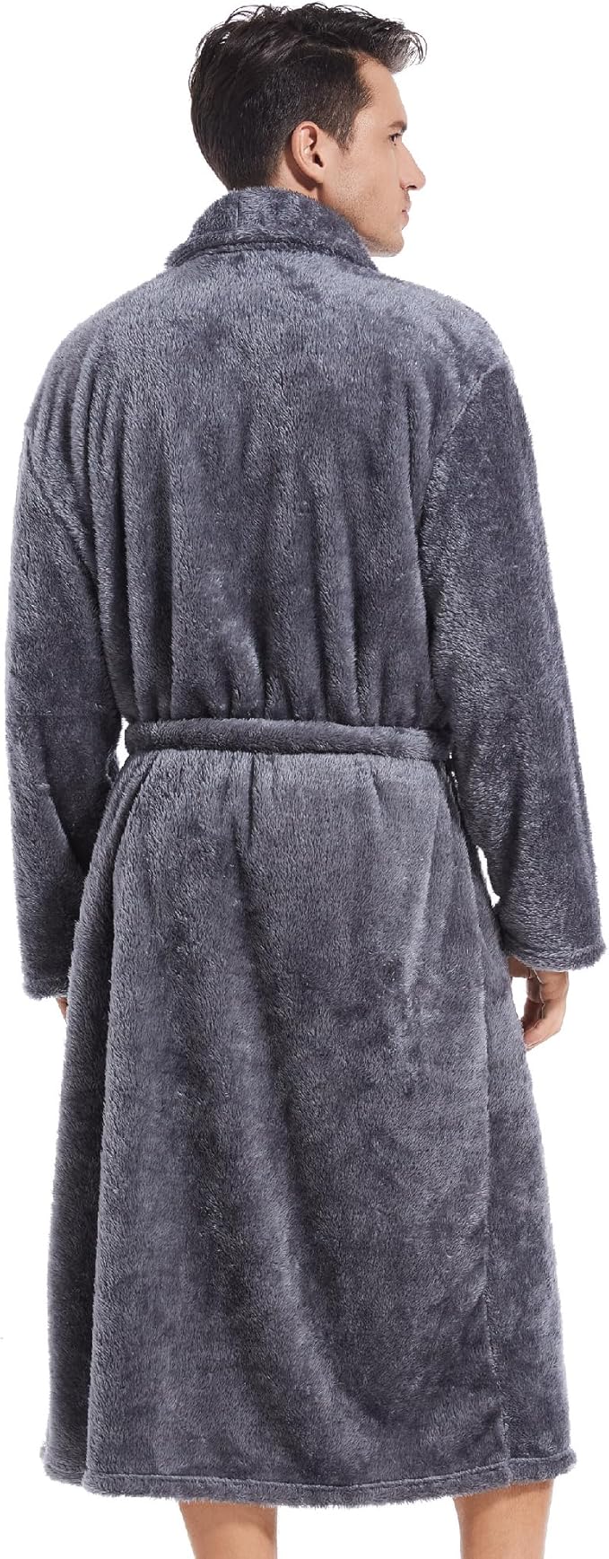 Inner Wish Mens Plush Fleece Robe, Cozy Warm Bathrobe Fuzzy Male Spa Long Robe With Pockets (DARK GREY)