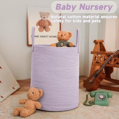 JMvicyroam 60L Cotton Rope Laundry Basket Hamper, Purple | Collapsible laundry basket, reinforced handles, freestanding, machine washable, holds 3-5 thick blankets, clothes or toys