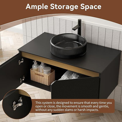36 Inch Bathroom Vanity with Sink, Floating Fluted Vanity with Vessel Sink, Modern Bathroom Vanity Cabinet with 2 Doors with Metal Trim, Round Glass Sink & Sintered Stone Top, Black