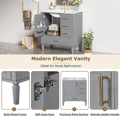 30" Bathroom Vanity with Sink,Free Standing Single Basin Vanity Set w/ 3 Drawers & Soft Closing Door,Solid Wood Frame,Metal Handles,Modern Storage Cabinet for Small Space,Grey