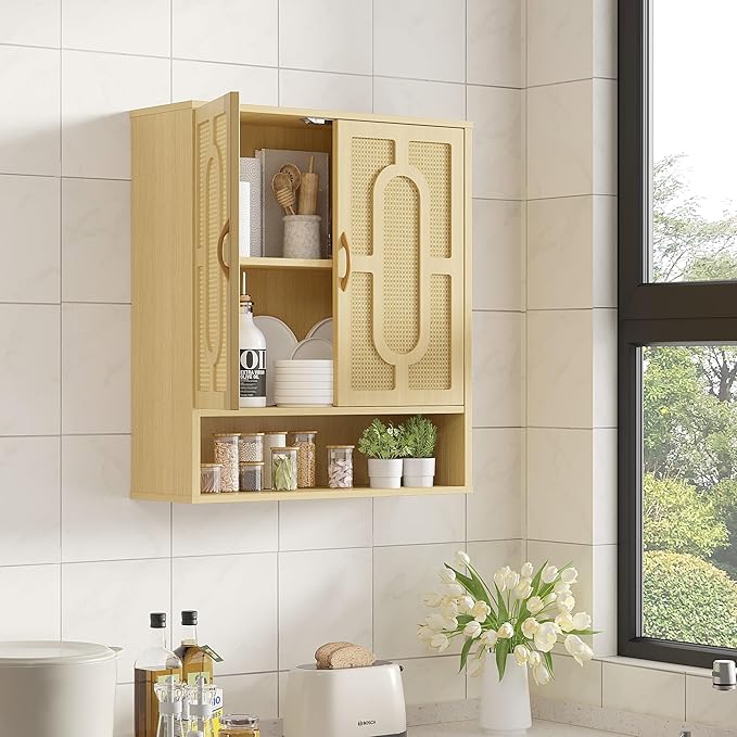 VECELO Rattan Bathroom Wall Cabinet, Medicine Cabinets with Adjustable Shelves, Wall Mounted Above Toilet Storage Organizer for Bathroom, Kitchen, Entryway