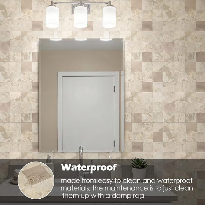 Yipscazo 20-Sheets Peel and Stick Backsplash Mosaic Tile Stainless Steel Kitchen Backsplash Stone Beige Stick on Tiles for Kitchen, Bathroom, Laundry Room, Camper, Fireplace