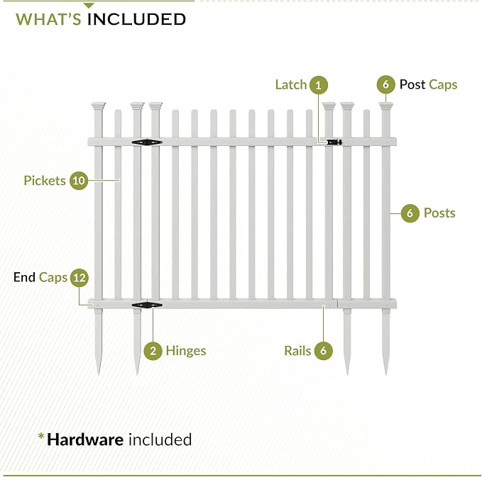 Zippity Burbank Picket Gate, White Vinyl DIY No Dig Kit | 3.5ftH x 5ftW, 1 Gate, Hardware Included, ZP19071