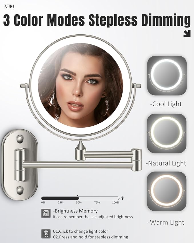 30X/1X 8 Inch Wall Mounted Magnifying Makeup Mirror with Light for Bathroom | Double Sided 3500mAh Rechargeable LED Lighted Vanity Mirror with Magnification 3 Color Light up Extended Arm 360 Rotation