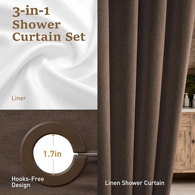 Brown Ringless Linen Textured Shower Curtain with Snap in Liner, 72x75 | 3 in 1 Hotel Shower Curtain Set, Removable Liner, Waterproof & Washable, Mesh Top Window, Durable Fabric, Easy to Install