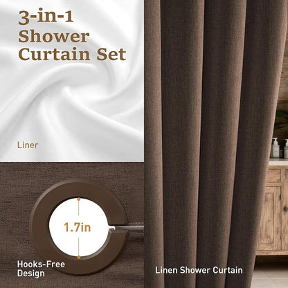 Brown Ringless Linen Textured Shower Curtain with Snap in Liner, 72x75 | 3 in 1 Hotel Shower Curtain Set, Removable Liner, Waterproof & Washable, Mesh Top Window, Durable Fabric, Easy to Install