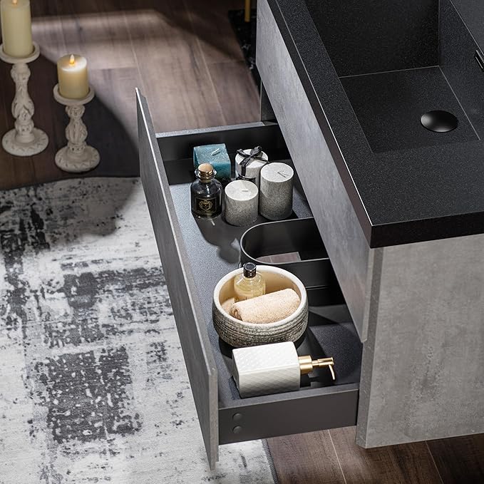 WOODBRIDGE 36 in. W x 19 in. D Wall Mounted Floating Bathroom Vanity in Gray with Quartz Sand Composite Vanity Top in Matte Black