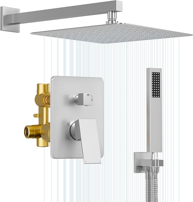 Brushed Nickel Shower Faucet Set with 12-Inch Rain Shower Head | Shower System with Rain Shower Head and Handheld, Wall Mounted High-Pressure Shower Head Combo Set with Shower Valve and Trim