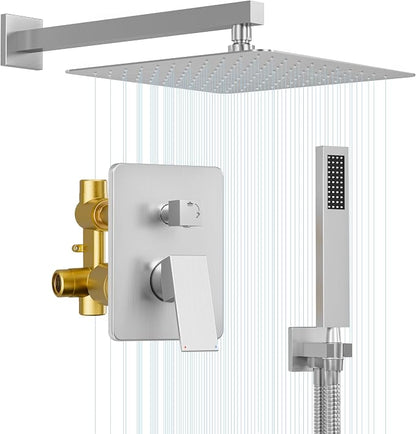 Brushed Nickel Shower Faucet Set with 12-Inch Rain Shower Head | Shower System with Rain Shower Head and Handheld, Wall Mounted High-Pressure Shower Head Combo Set with Shower Valve and Trim