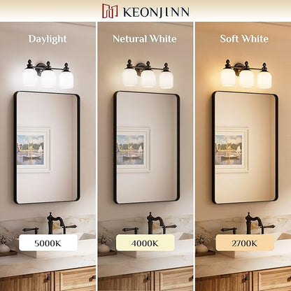 Keonjinn 4-Light Bathroom Light Fixtures, Black Vintage Vanity Lights for Mirror with Frosted Glass Shades, UL Listed E26 Base(Bulbs Not Included), Reversible Vanity Lighting Fixtures for Bathroom