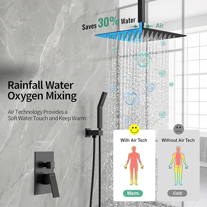 SR SUN RISE 12 Inch Ceiling Mount Matte Black Shower System Bathroom Luxury Rain Mixer Shower Faucet Set Ceiling Rainfall Shower Head System Faucet Trim Repair Kits Rough-in Valve and Trim Included