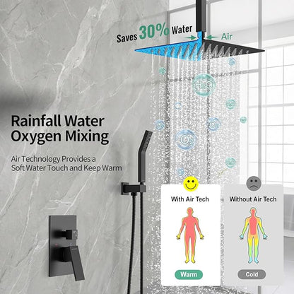 SR SUN RISE 12 Inch Ceiling Mount Matte Black Shower System Bathroom Luxury Rain Mixer Shower Faucet Set Ceiling Rainfall Shower Head System Faucet Trim Repair Kits Rough-in Valve and Trim Included