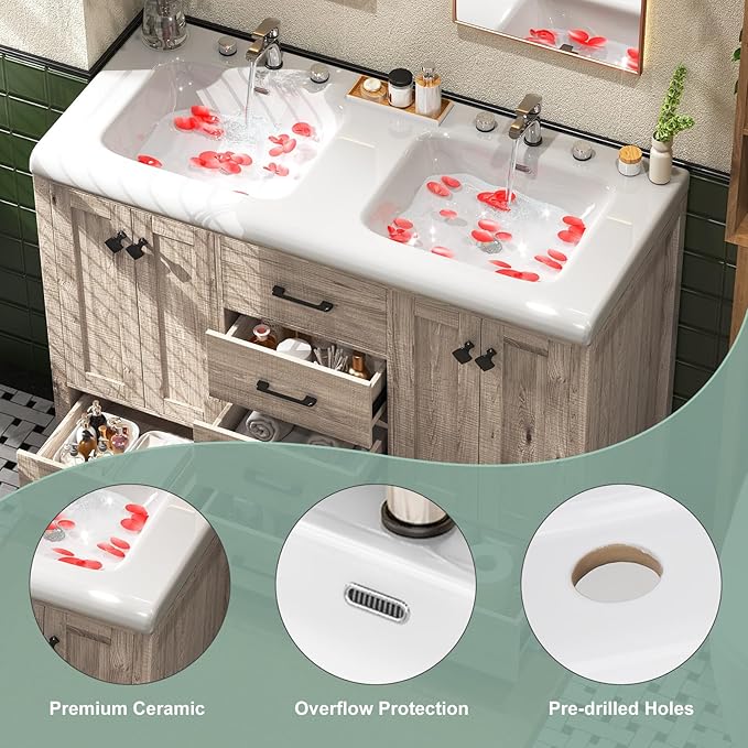 48 Inch Bathroom Vanity with Sink, Bathroom Vanity Cabinet with Double Sink, Bath Vanities with 4 Doors and 5 Drawers, Grey Oak (20" D x 48" W x 36" H)
