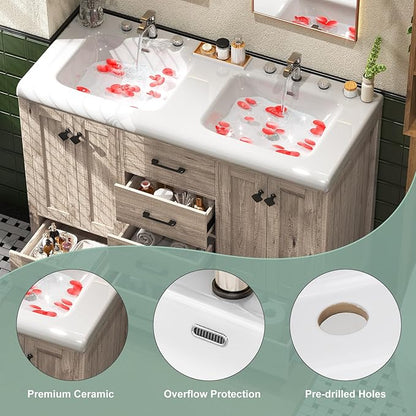 48 Inch Bathroom Vanity with Sink, Bathroom Vanity Cabinet with Double Sink, Bath Vanities with 4 Doors and 5 Drawers, Grey Oak (20" D x 48" W x 36" H)