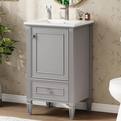 Merax 20 Inch Small Bathroom Vanity with Sink, Vanity Cabinet with Bottom Drawer and Door Rack Organizer, Adjustable Shelf, Grey