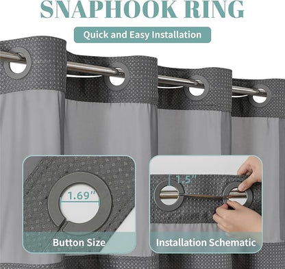 No Hook Waffle Shower Curtain with Snap-in Liner, 60x74 Inch, Charcoal | 230GSM waffle weave fabric, waterproof liner set with 2 bottom magnets, mesh window, washable, for shower stalls or bathrooms