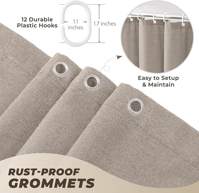 Linen Shower Curtain Boho Taupe Shower Curtain with Tassels 72"W x 72"L | Thick linen-poly blend, soft textured drape, handcrafted fringe, neutral rustic farmhouse bathroom decor
