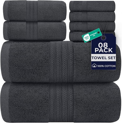 DAN RIVER 8 Piece Luxury Bath Towels for Bathroom, Towel Set, Dark Gray | 2 Bath towels, 2 Hand towels, and 4 Wash Cloths, 600 GSM 100% Ring Spun Cotton, Highly Absorbent, Gym, Hotel, guest, and Spa