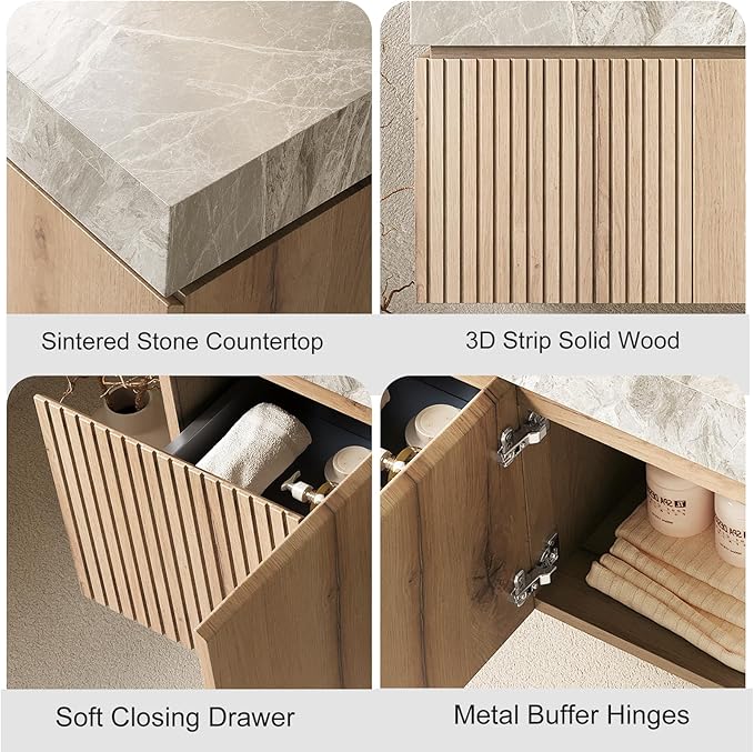 48" Floating Bathroom Vanity with Sink, Modern Plywood Bathroom Vanities with Drawer and Doors, Gray Sintered Stone Countertop and 3 Pre-drilled Faucet Holes Ceramic Basin, Pre-Assembled, Light Oak