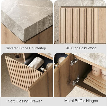 48" Floating Bathroom Vanity with Sink, Modern Plywood Bathroom Vanities with Drawer and Doors, Gray Sintered Stone Countertop and 3 Pre-drilled Faucet Holes Ceramic Basin, Pre-Assembled, Light Oak