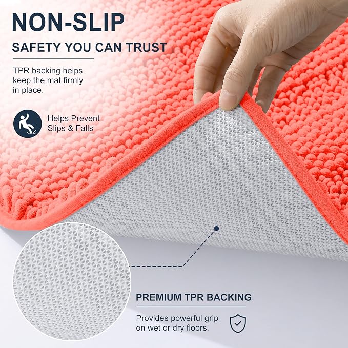 Smiry Thick Chenille Bathroom Runner Rugs 47x24, Absorbent Bath Mat, Coral | Quick‑Dry & Machine Washable, Non‑Slip Bath Carpet, Soft Striped Bath Rugs for Tub & Shower, Modern Home Decor Accessories