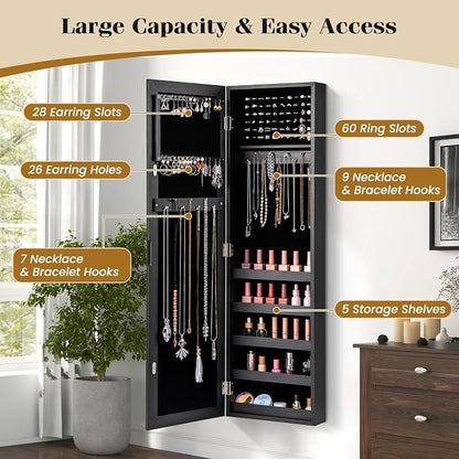 Giantex Wall or Door Mounted Jewelry Cabinet with Full Length Mirror, Over The Door Jewelry Armoire Organizer, Hanging Storage Cabinet with Necklace Hooks, Earring Slots, Ring Slots & Shelves (Black)