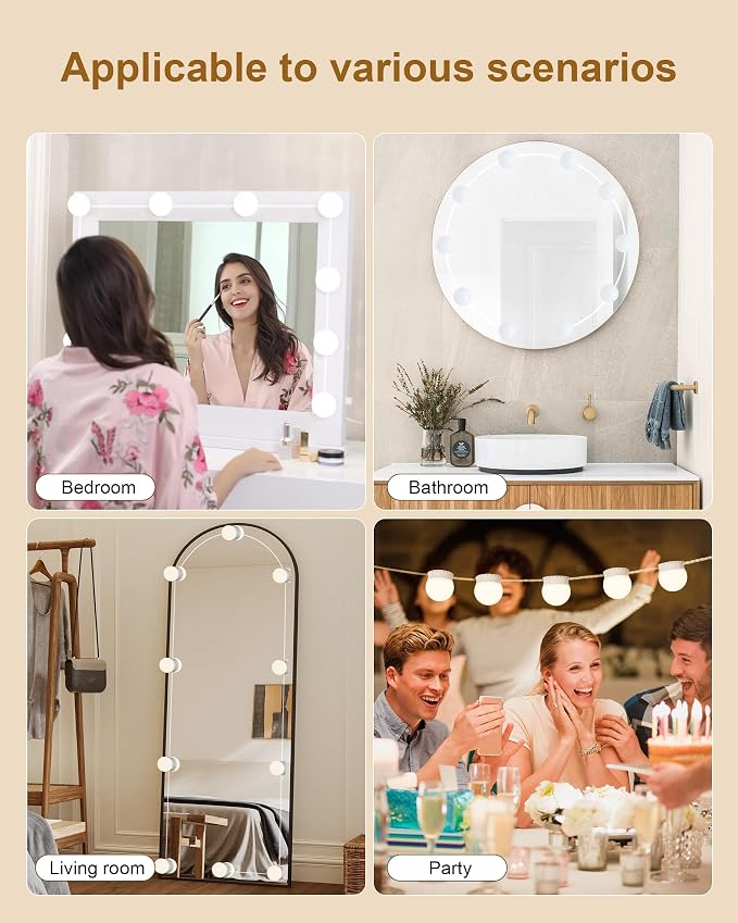 10 Bulbs LED Vanity Lights for Mirror, 3000K 4000K 6500K & 10-Brightness, Wire Length Adjustable, USB Cable, Hollywood Mirror Lights for Makeup Dressing Room Bathroom, White