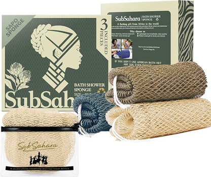 Authentic African Net Sponge, 3 Pack 45-Inch Exfoliating Bath Sponge and Shower Loofah for Body and Back, Colorfast Quick-Dry Knotted Mesh Scrubber with Travel Pouch