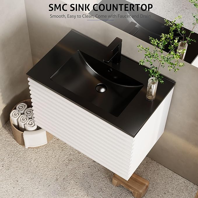 eclife 30" Floating Bathroom Vanity with Sink Combo, Mid-Century Wall Mounted Cabinet with Wood Stripes Decor, Drawers, Undermount Single Black Sink, Faucet, Drain, Mixed White