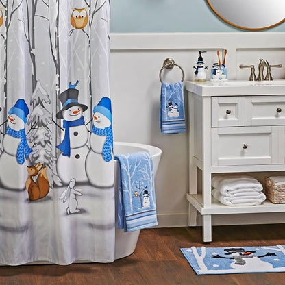 SKL Home Christmas Winter Friends Snowman Bath Towel, 100% Cotton, Blue | 450 GSM. Soft & absorbent jacquard with embroidery. Great for holiday gifting.