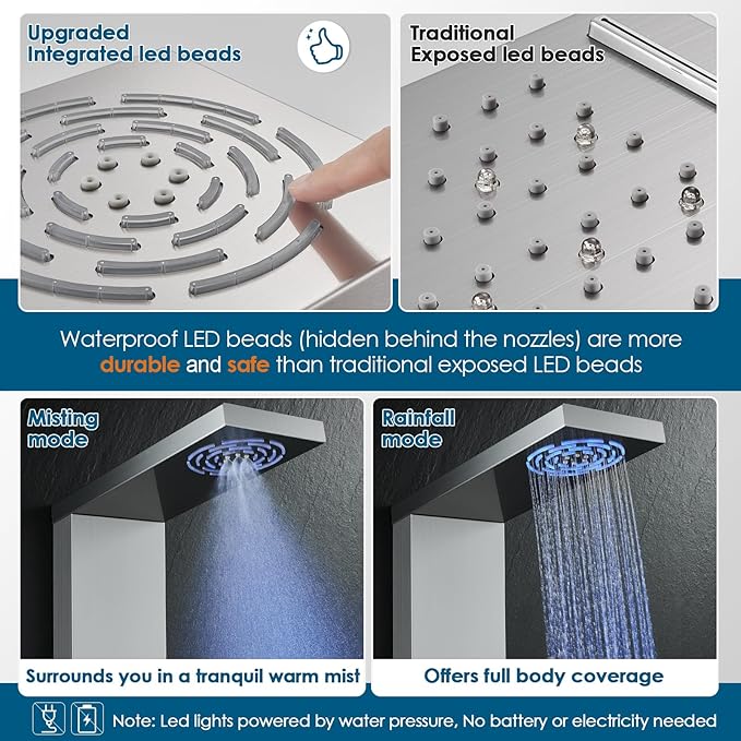 ROVOGO No Battery Needed Shower Panel System with Led Lights MIST & RAIN Shower, Body Jets, Handheld, Tub Spout and Temp Display, Hydroelectric Led Shower Tower Column Stainless Steel Brushed