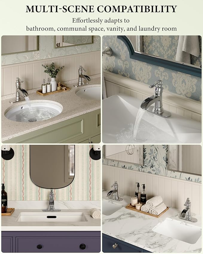 Homevacious Bathroom Faucet Brushed Nickel Waterfall Bathroom Sink Faucets with Single Handle Rustic Vanity Farmhouse RV Faucet Suitable for 1 or 3 Holes with Pop-up Drain Deck Plate Hose