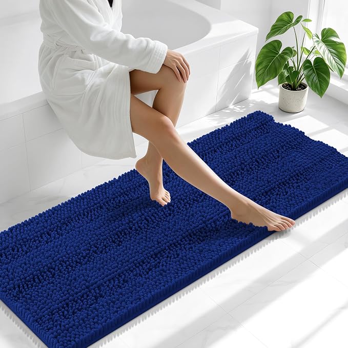 Smiry Thick Chenille Bathroom Runner Rugs 47x20, Absorbent Bath Mat, Navy | Quick‑Dry & Machine Washable, Non‑Slip Bath Carpet, Soft Striped Bath Rugs for Tub & Shower, Modern Home Decor Accessories