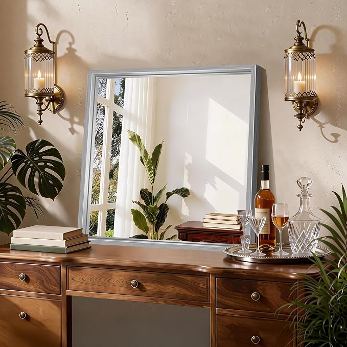 CIRCUMI 24"x24" Brushed Silver Bathroom Mirror, Square Mirror for Vanity | Chunky Box Metal Frame, Shatterproof, Tempered Glass, Bathroom Remodel&New Home,Wall Mirror for Over Sink,Living Room,Hallway