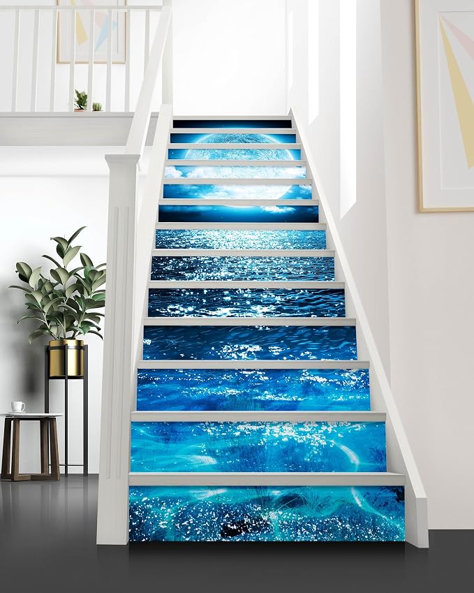FLFK Stair Decals - Stair Stickers Decals Peel and Stick,Bright Moon on The Sea Stair Risers Decals Self-Adhesive for Home Decor, 39.3" W x 7" H x 13Pcs