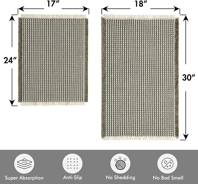 MIULEE Set of 2 Waffle Bathroom Rugs Green&Cream Bath Mat 17"x24"+18"x30" | Non Slip, Super Absorbent, Washable, Ultra Soft, Rubber Backed, Small Boho Bath Rugs for Bathroom Floor Tub Shower