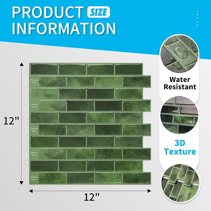 Art3d 10-Pack Marble Tile Peel and Stick Backsplash, 12 x 12 in, Jade Green | Strong Adhesion, Lightweight, Cuttable, Waterproof, Fadeless, Crack Resistant, for Kitchen, Bedroom, Ideal for Recently Moved