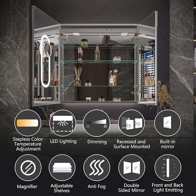 Neftis 36x36 Medicine Cabinet with Lights & Magnifier & Mirrors, GFCI Outlet, Soft-Closed Hinges, Front&Backlit, Anti-Fog, Dimmable&Tunable, Sensor Lights, Recessed/Surface, Adjustable Shelves