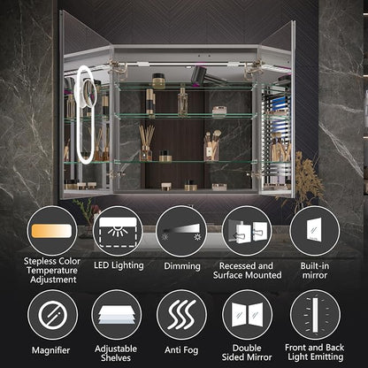 Neftis 36x36 Medicine Cabinet with Lights & Magnifier & Mirrors, GFCI Outlet, Soft-Closed Hinges, Front&Backlit, Anti-Fog, Dimmable&Tunable, Sensor Lights, Recessed/Surface, Adjustable Shelves