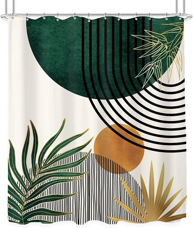 Mid Century Green Boho Shower Curtain Abstract Modern Bathroom Curtain Set | 60Wx72L Plant Botanical Palm Leaves Bathroom Curtains Fabric Waterproof Polyester 12 Hooks