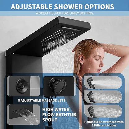 Shower Panel Tower System, Stainless Steel Multi-Function Shower Panel, Shower Tower with 5 Body Jets Handheld Shower Wand Tub Spout and Rainfall Head Temperature Display, Black