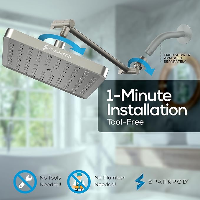 SparkPod 8" Square Rain Shower Head with 11" Shower Arm | Shower Head & Extension Arm Combo, Height Adjustable, High Pressure Performance, Easy 1-Minute Installation, Brushed Nickel
