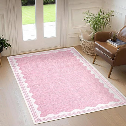 Garvee Entryway Rug 3x5 Washable Bordered Modern Rug Foldable Low Pile Pink | Stain-Resistant Carpet Ultra Soft Non Slip Lightweight Rugs Indoor Non-Shedding Mat for Kitchen Bedroom Nursery Entrance