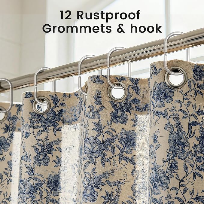 Farmhouse Blue Floral Shower Curtain with 12 Clear Rings 72"W x 72"L | Boho Fabric Faux Linen Shower Curtain Set, Vintage Cottagecore Shower Curtain for Bathroom