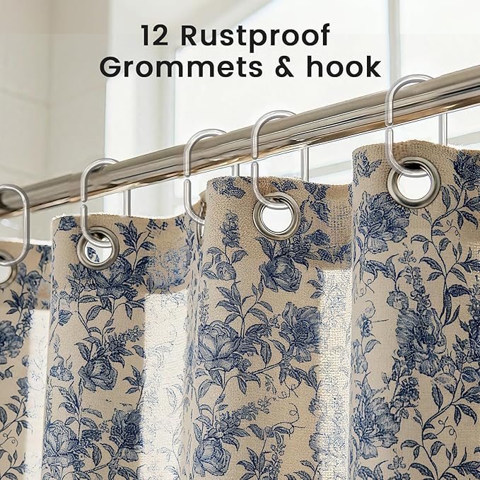 Farmhouse Blue Floral Shower Curtain with 12 Clear Rings 72"W x 84"L | Boho Fabric Faux Linen Shower Curtain Set, Vintage Cottagecore Shower Curtain for Bathroom