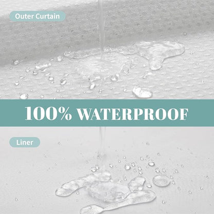 No Hook Long Waffle Shower Curtain with Snap-in Liner,71x92 in, White | 230 GSM waffle weave fabric, waterproof liner set with 2 bottom magnets, mesh top window, washable, for bathroom or hotel use