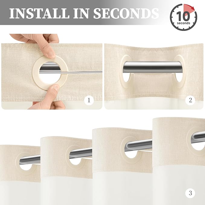 Cream Ringless Linen Textured Shower Curtain with Snap in Liner, 72x75 | 3 in 1 Hotel Shower Curtain Set, Removable Liner, Waterproof & Washable, Mesh Top Window, Durable Fabric, Easy to Install